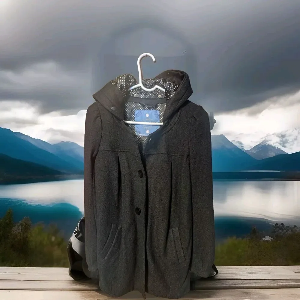 Free People Coat Peacoat Black XS  Wool Blend With Silky Feel Detachable Hood‎